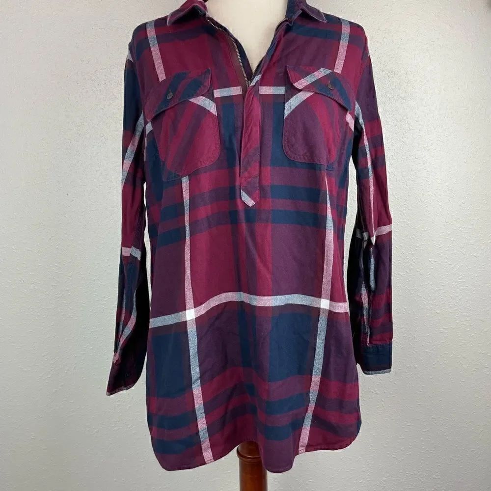 Eddie Bauer Half Zip Plaid Flannel Top Size L EUC